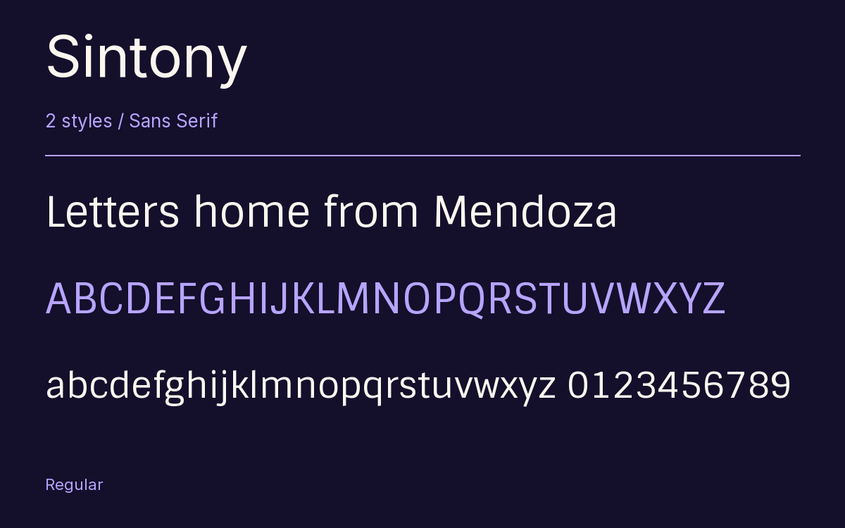 Sintony type specimen with letters and figures