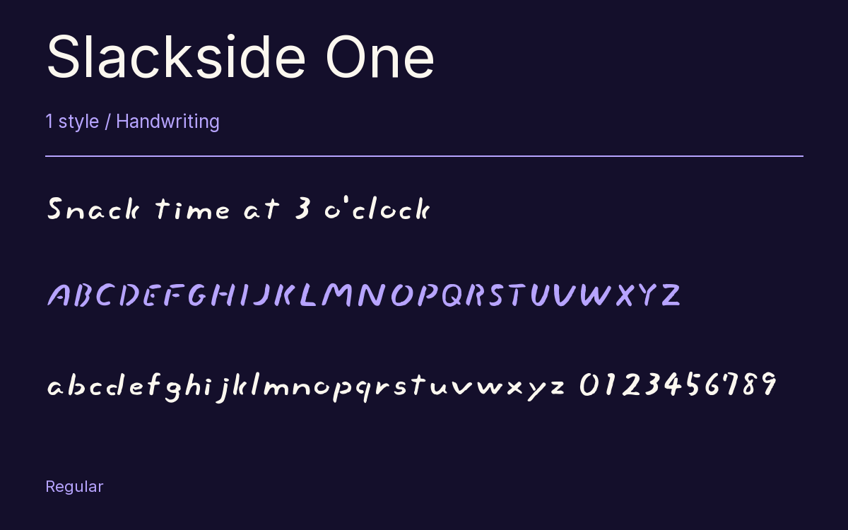 Slackside One type specimen with letters and figures