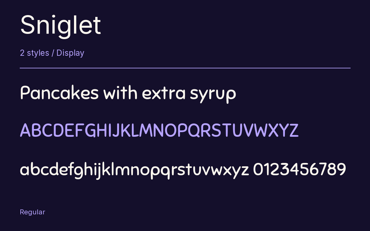 Sniglet type specimen with letters and figures
