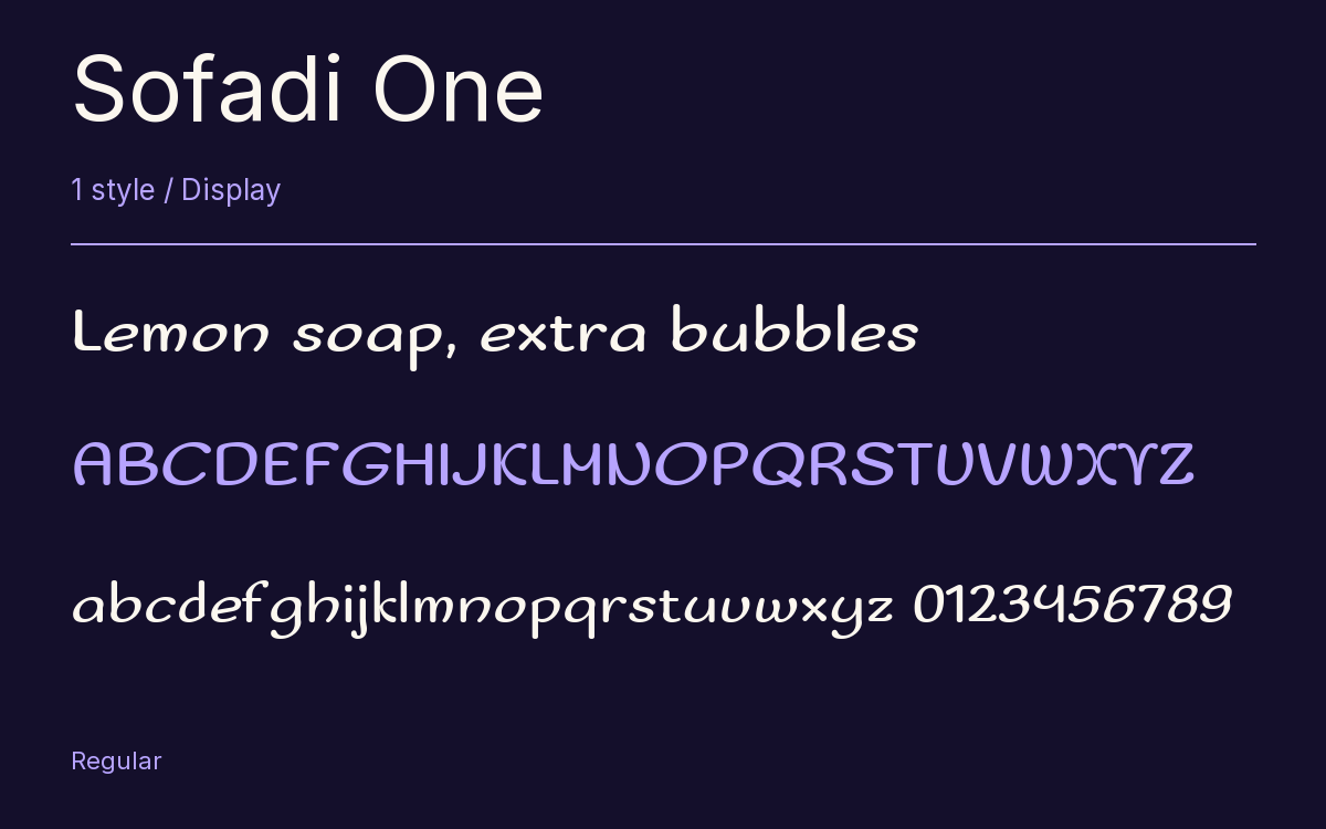 Sofadi One type specimen with letters and figures