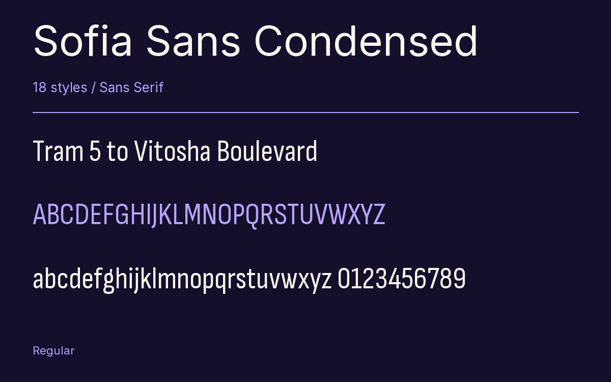 Sofia Sans Condensed type specimen with letters and figures