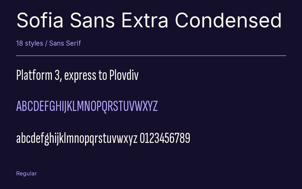 Sofia Sans Extra Condensed type specimen with letters and figures