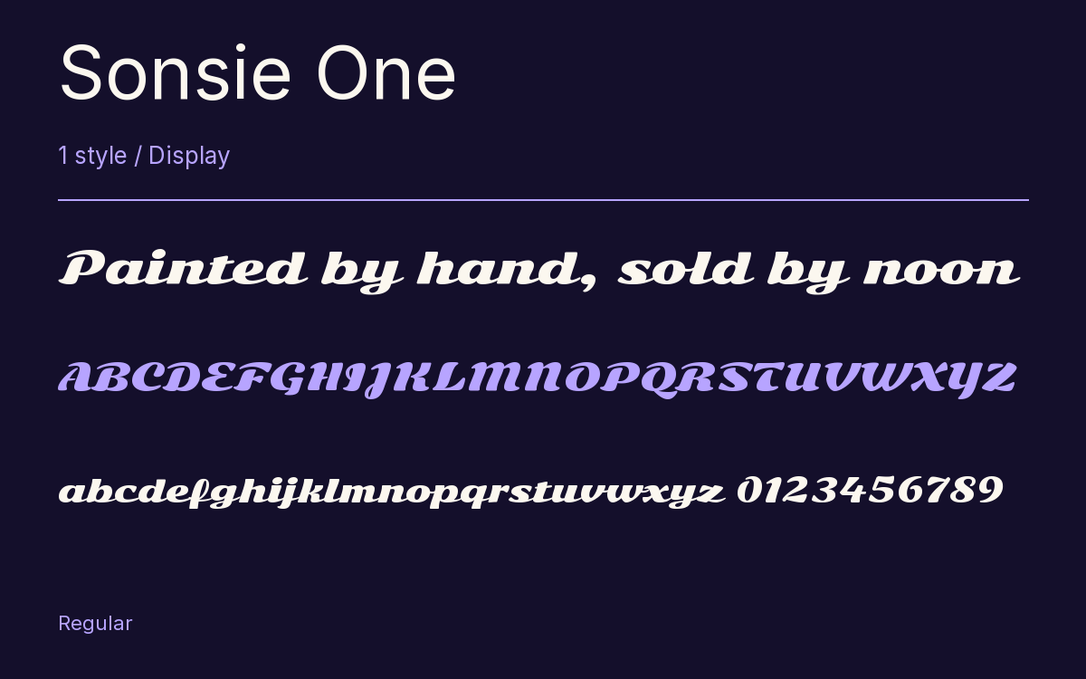 Sonsie One type specimen with letters and figures