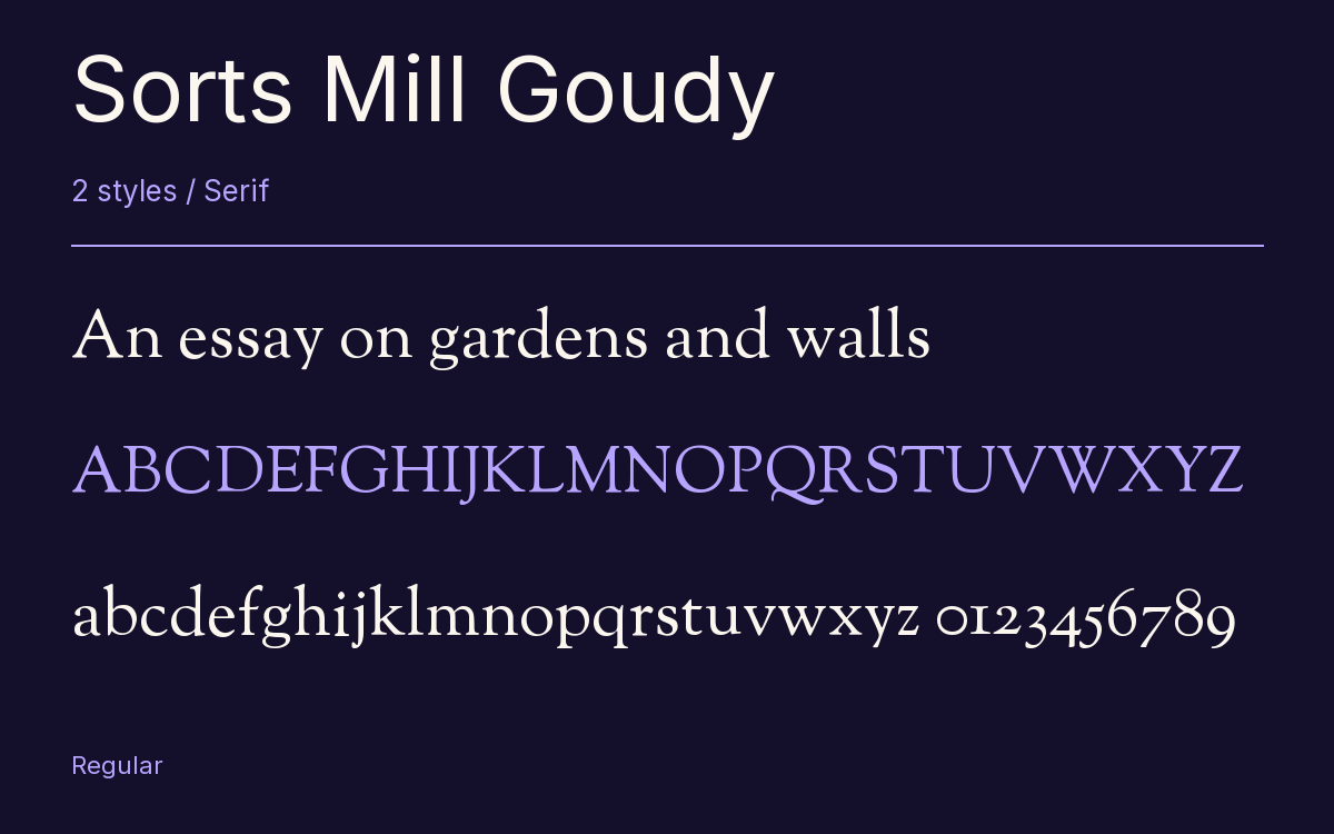 Sorts Mill Goudy type specimen with letters and figures
