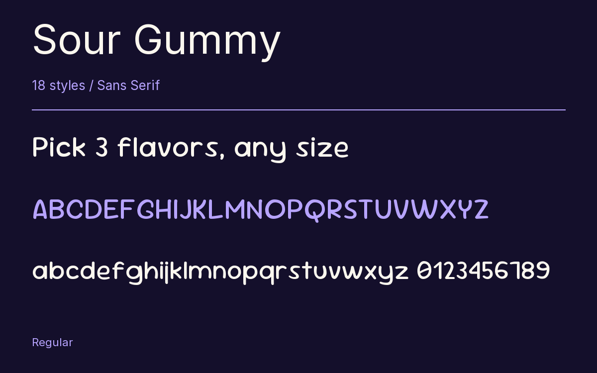 Sour Gummy type specimen with letters and figures