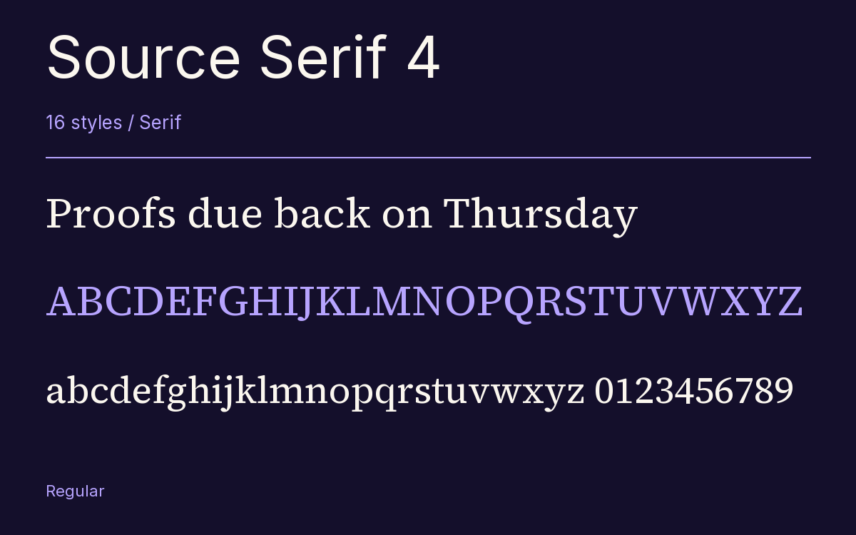 Source Serif 4 type specimen with letters and figures
