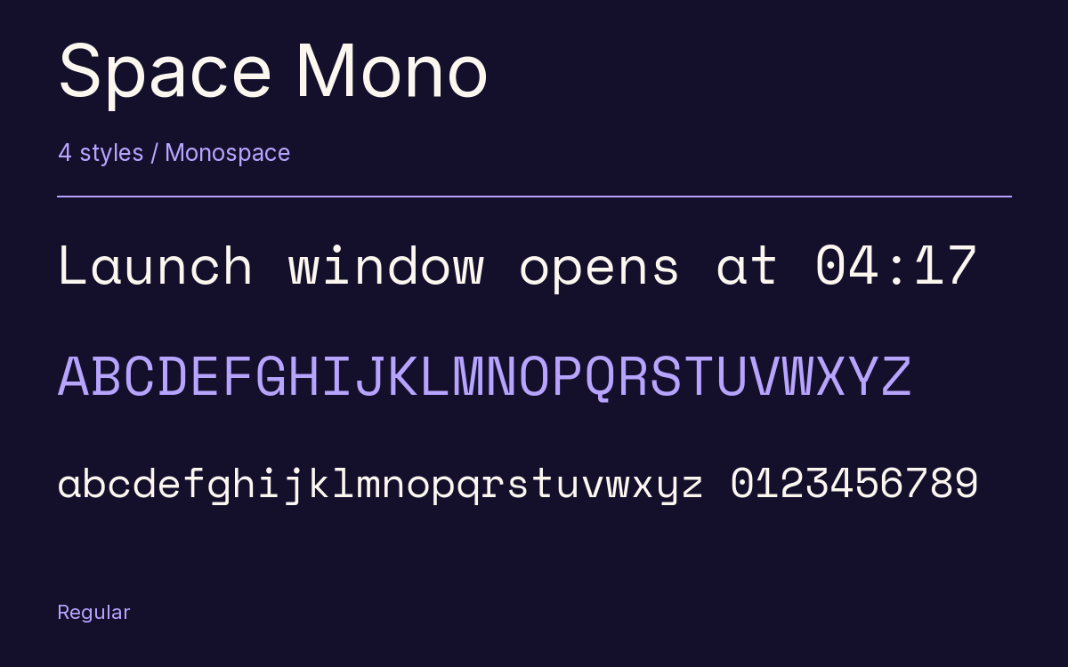 Space Mono type specimen with letters and figures