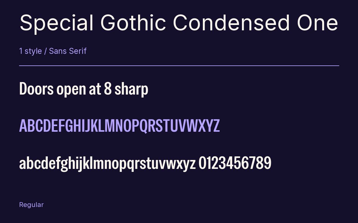 Special Gothic Condensed One type specimen with letters and figures