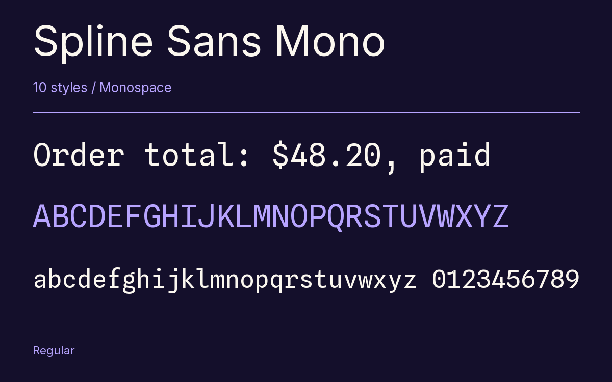 Spline Sans Mono type specimen with letters and figures