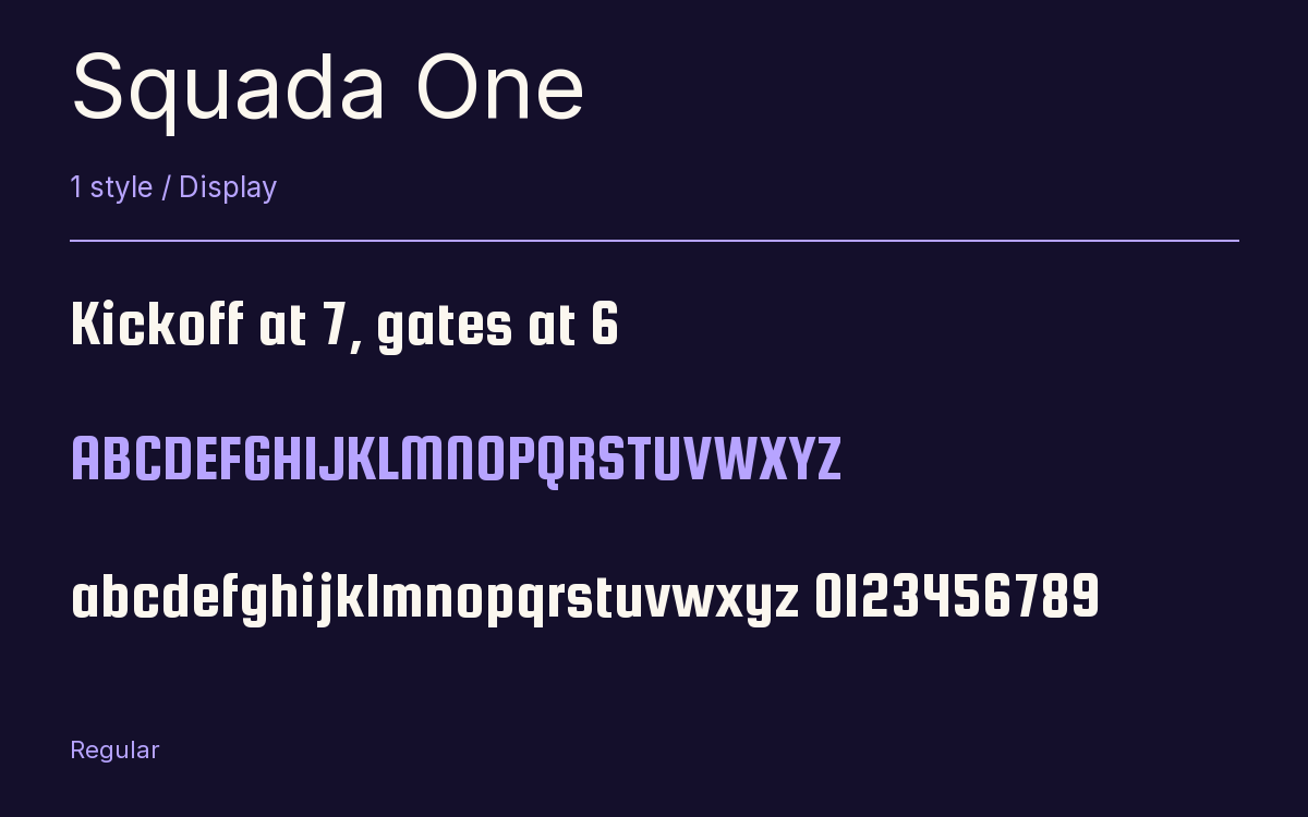Squada One type specimen with letters and figures