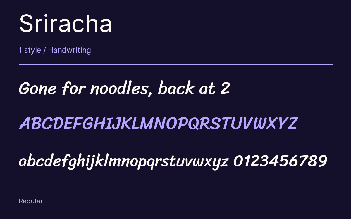 Sriracha type specimen with letters and figures