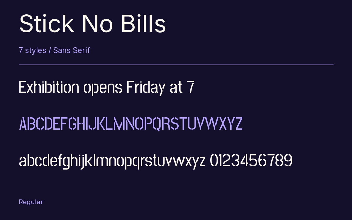 Stick No Bills type specimen with letters and figures