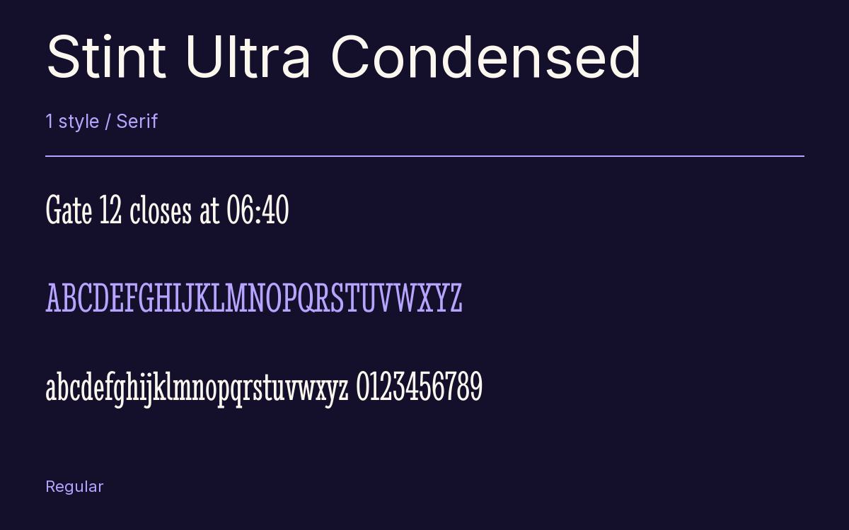 Stint Ultra Condensed type specimen with letters and figures