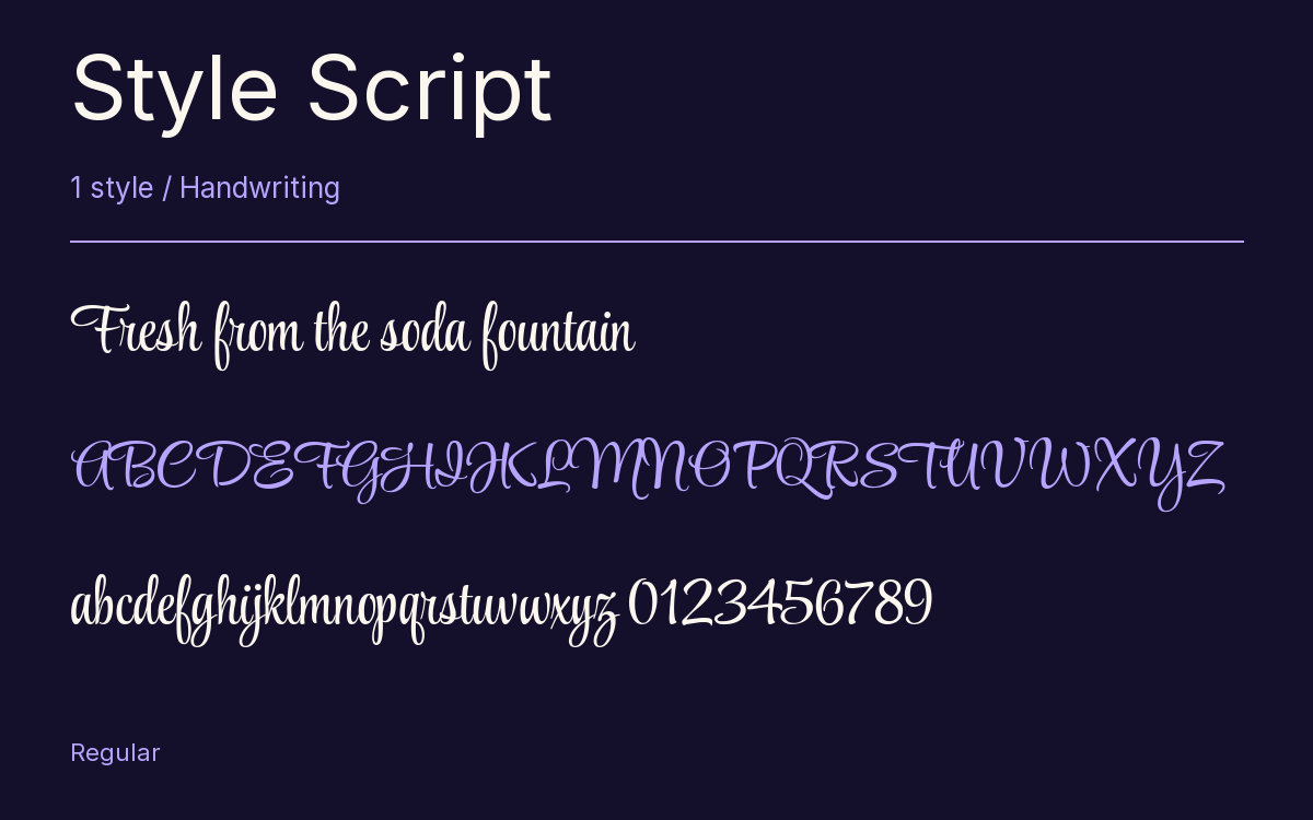Style Script type specimen with letters and figures