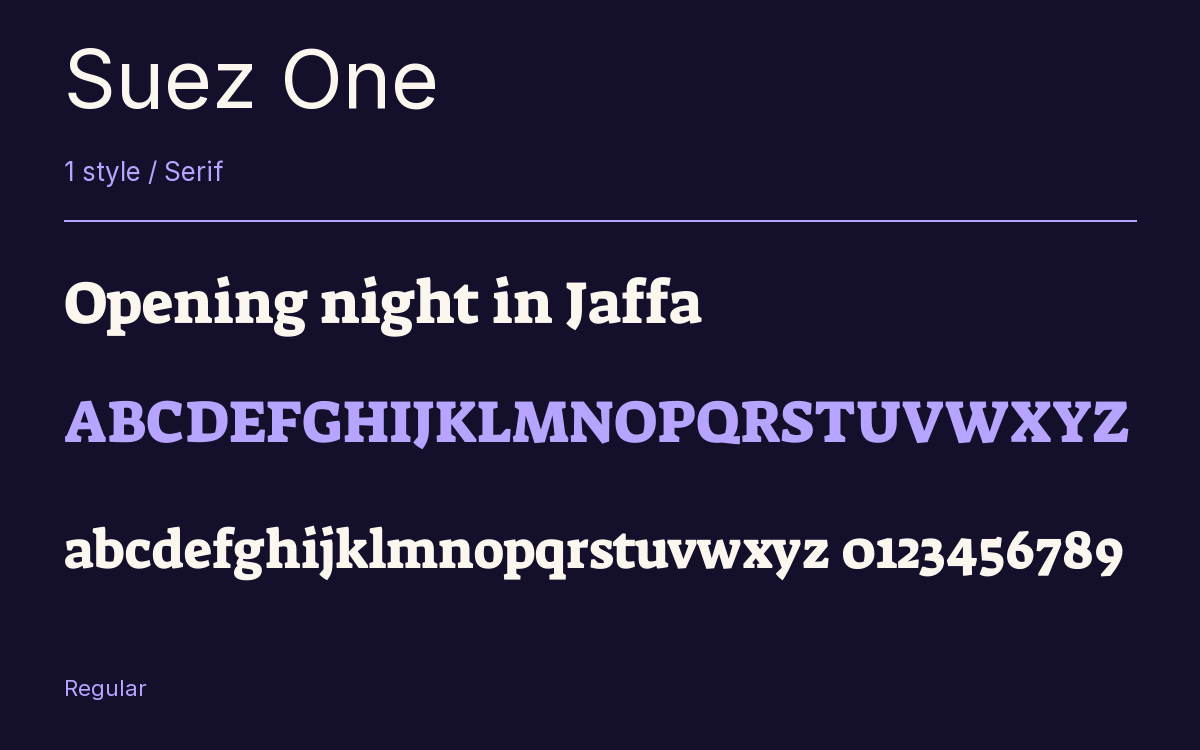 Suez One type specimen with letters and figures