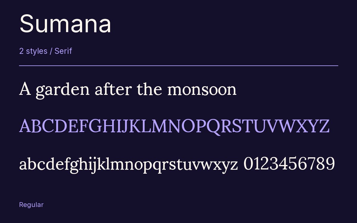 Sumana type specimen with letters and figures