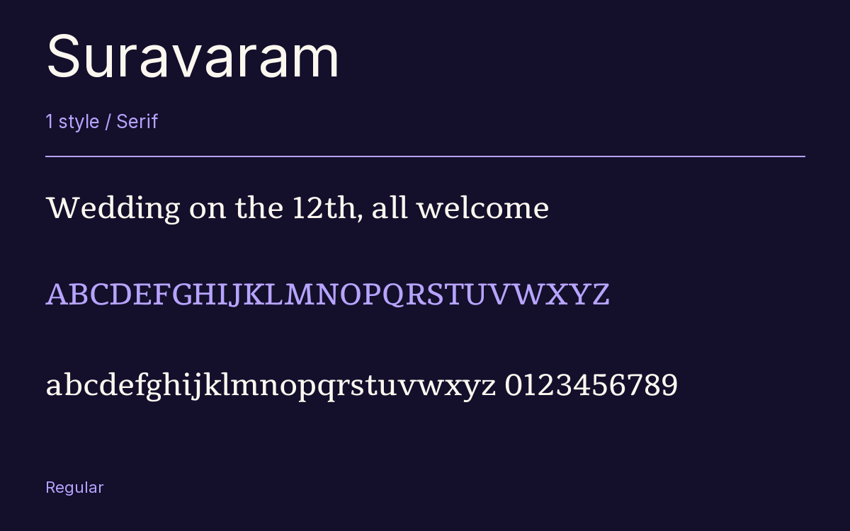 Suravaram type specimen with letters and figures