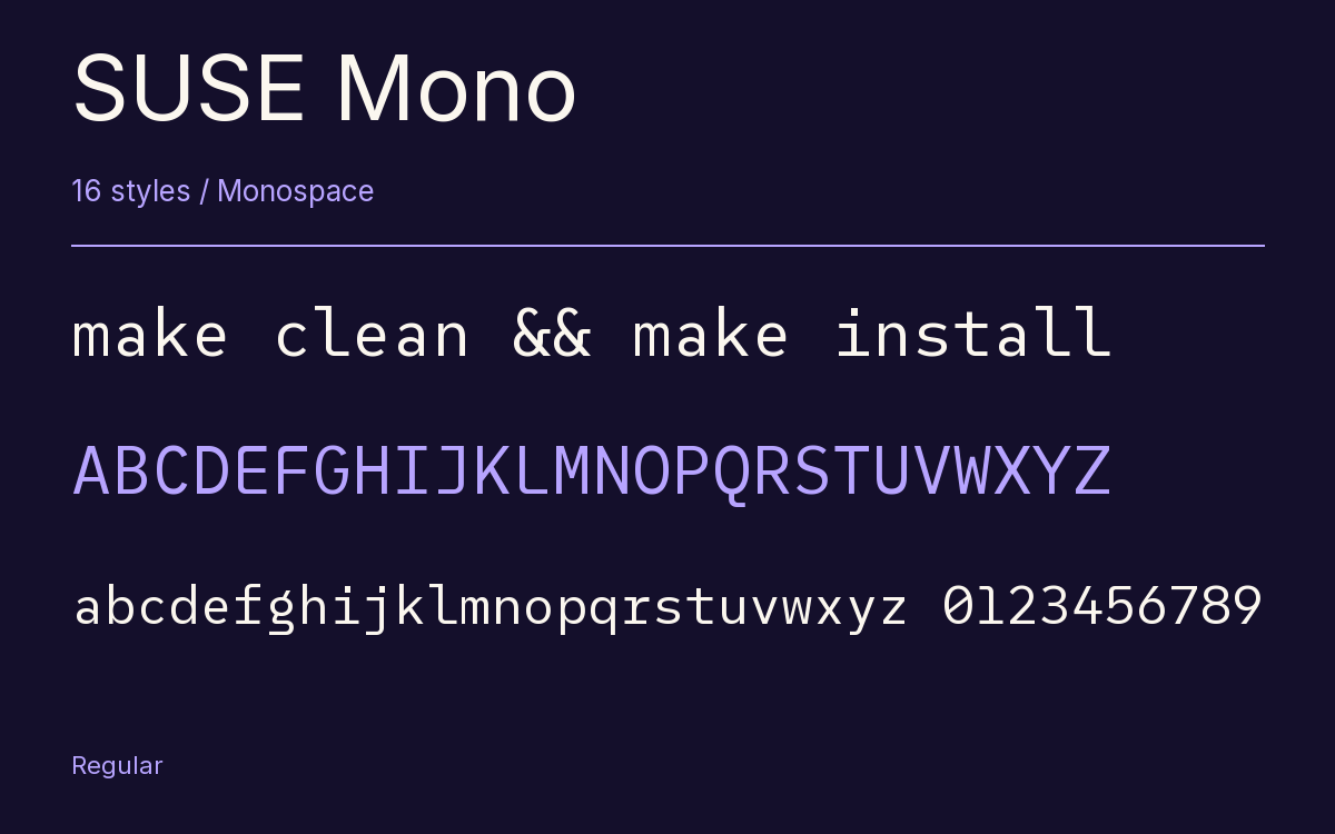 SUSE Mono type specimen with letters and figures