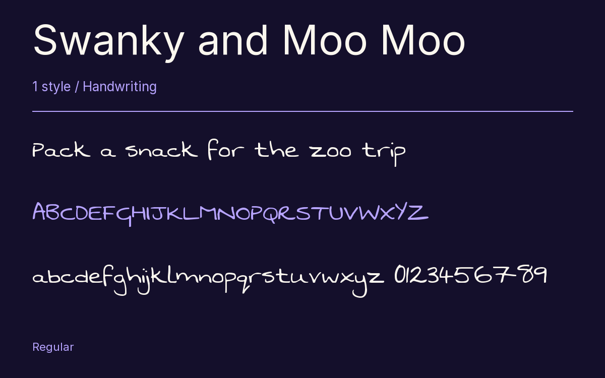 Swanky and Moo Moo type specimen with letters and figures