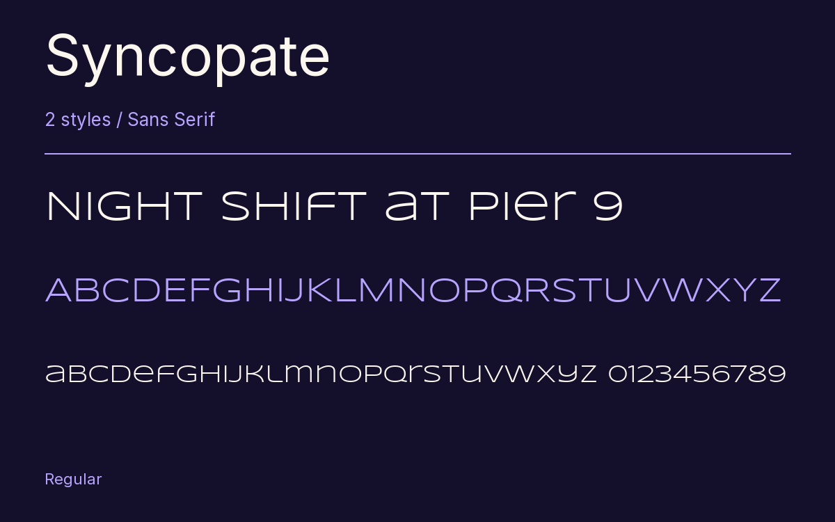 Syncopate type specimen with letters and figures