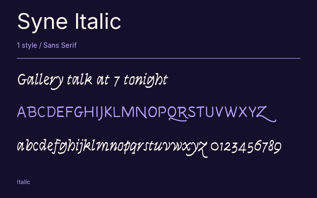 Syne Italic type specimen with letters and figures