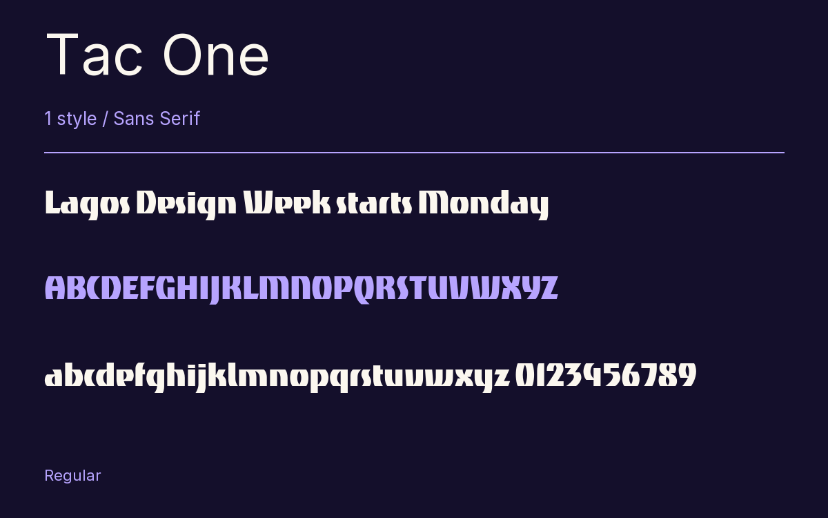 Tac One type specimen with letters and figures