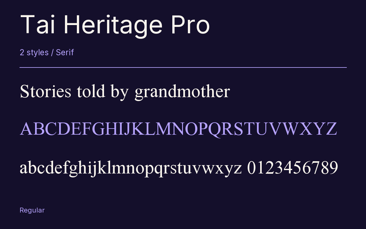 Tai Heritage Pro type specimen with letters and figures
