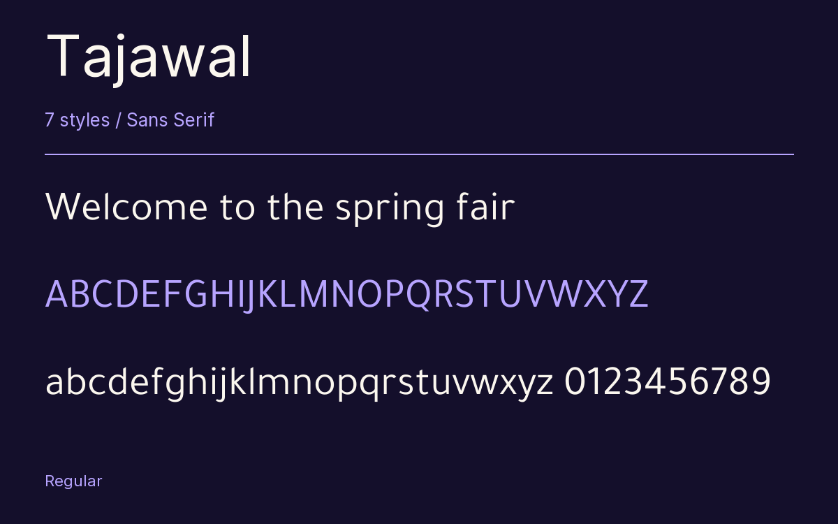 Tajawal type specimen with letters and figures