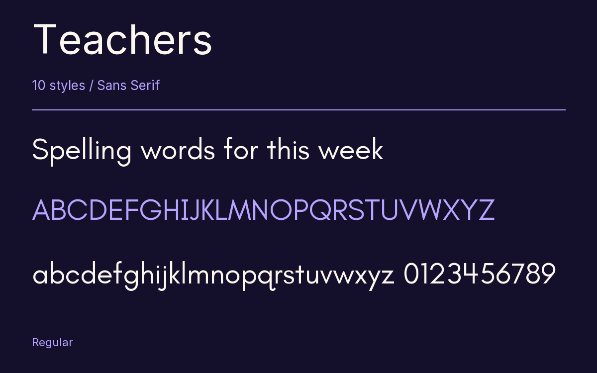 Teachers type specimen with letters and figures