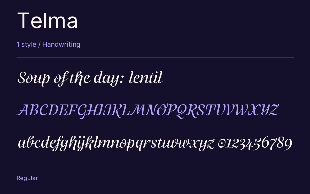 Telma type specimen with letters and figures