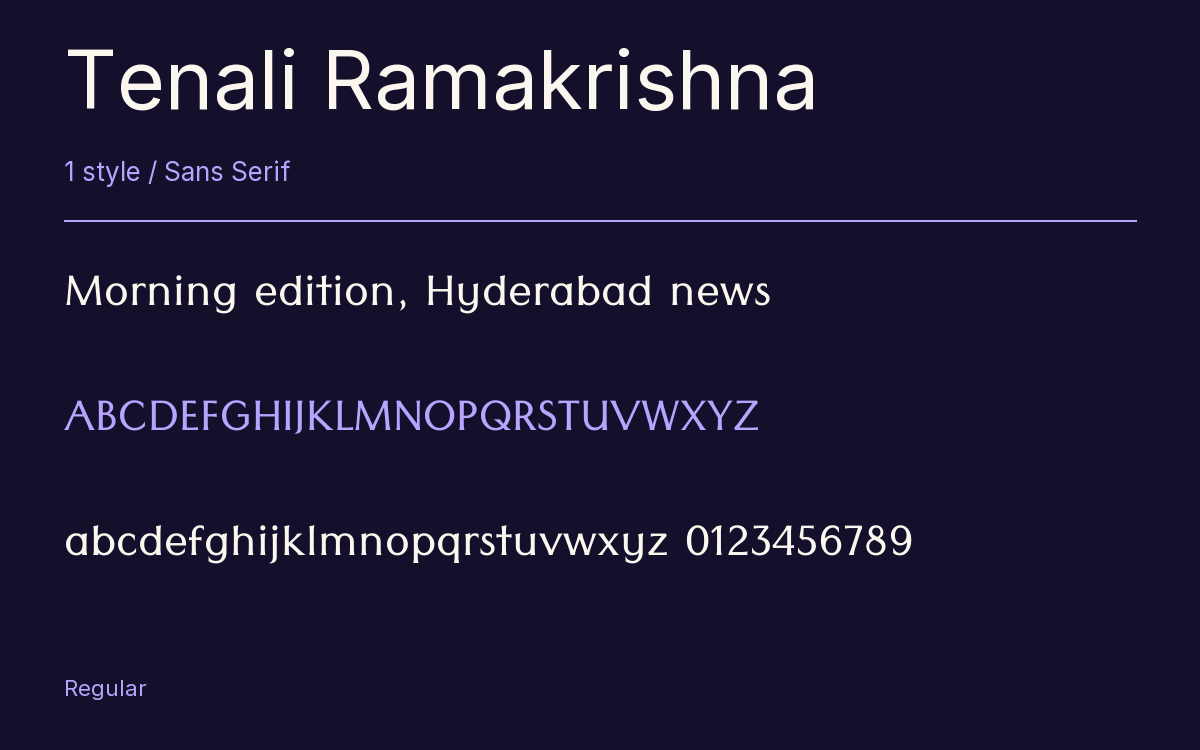 Tenali Ramakrishna type specimen with letters and figures