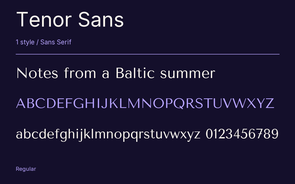 Tenor Sans type specimen with letters and figures