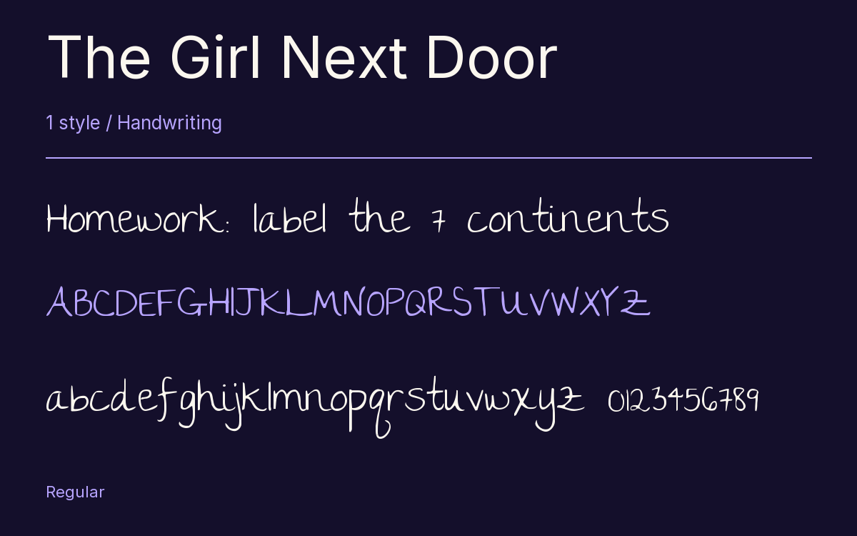The Girl Next Door type specimen with letters and figures
