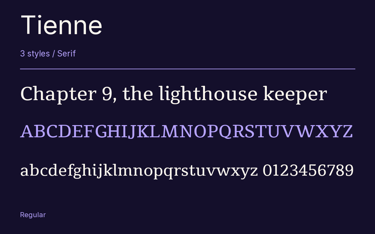 Tienne type specimen with letters and figures