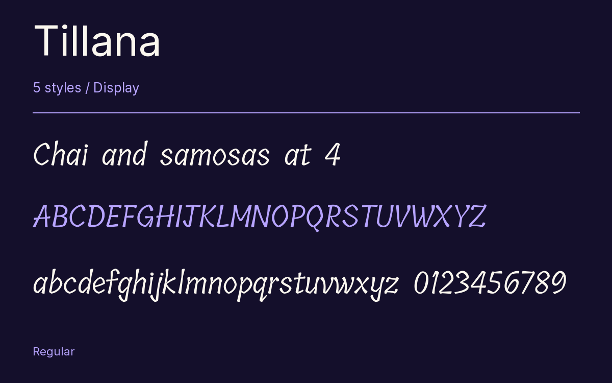 Tillana type specimen with letters and figures