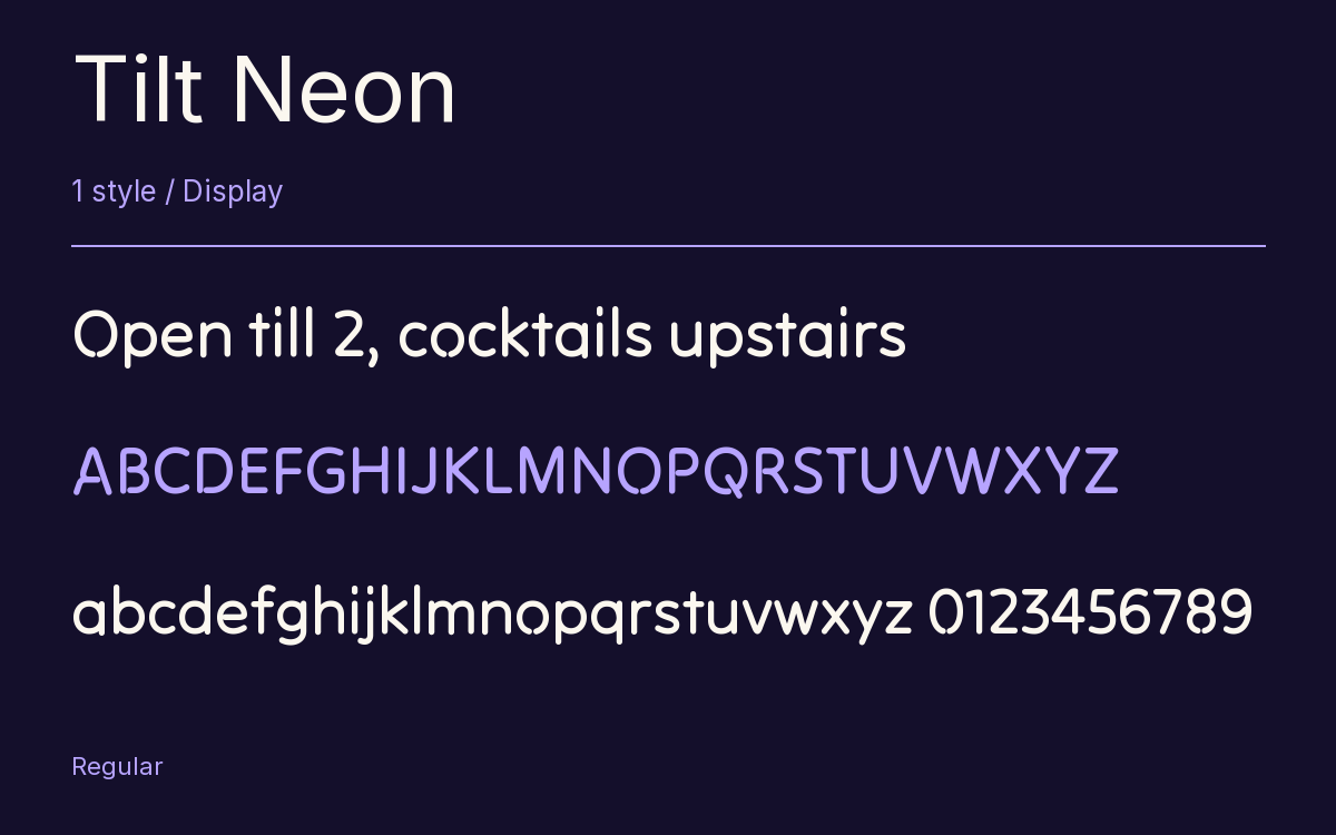 Tilt Neon type specimen with letters and figures