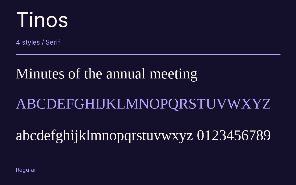 Tinos type specimen with letters and figures