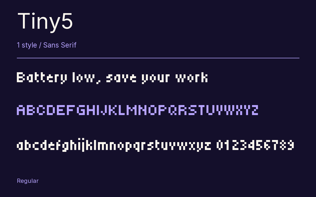 Tiny5 type specimen with letters and figures