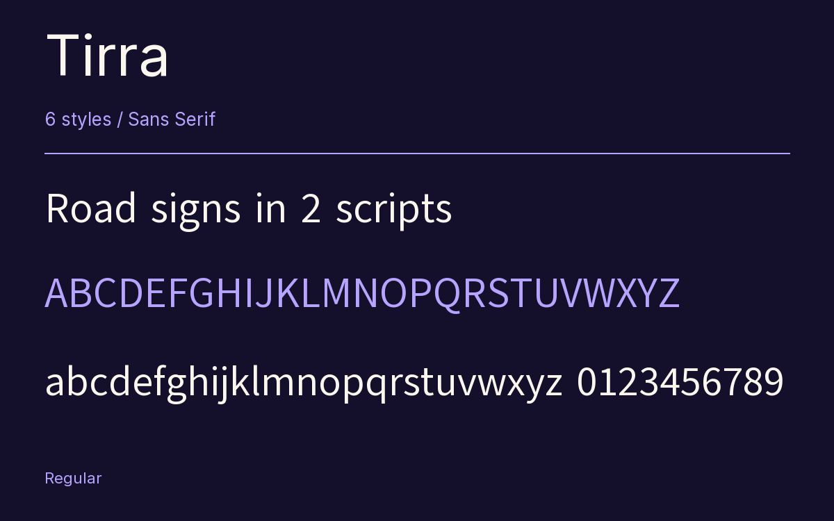 Tirra type specimen with letters and figures