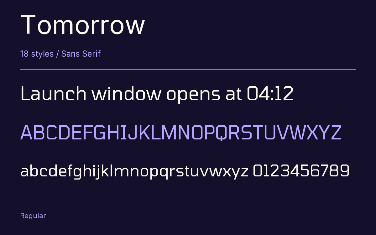 Tomorrow type specimen with letters and figures