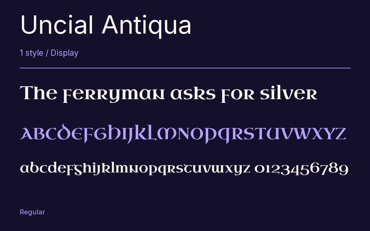 Uncial Antiqua type specimen with letters and figures