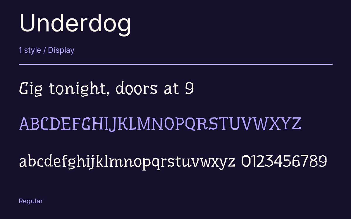 Underdog type specimen with letters and figures