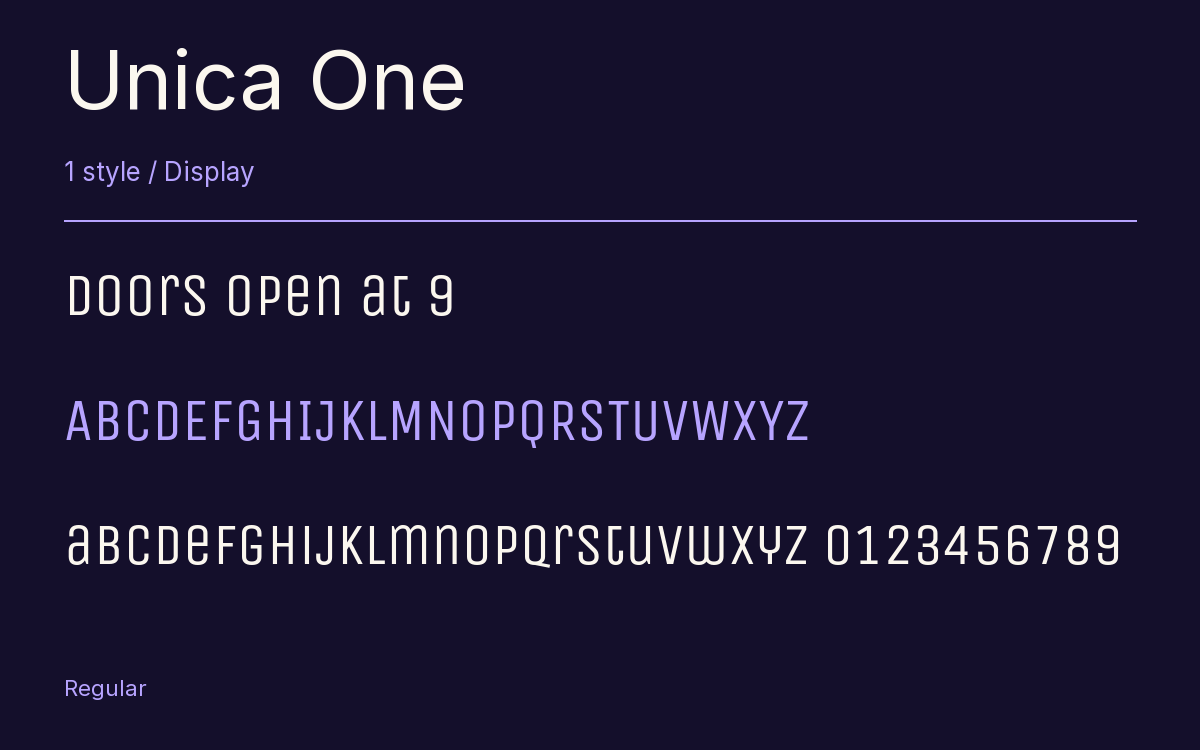 Unica One type specimen with letters and figures
