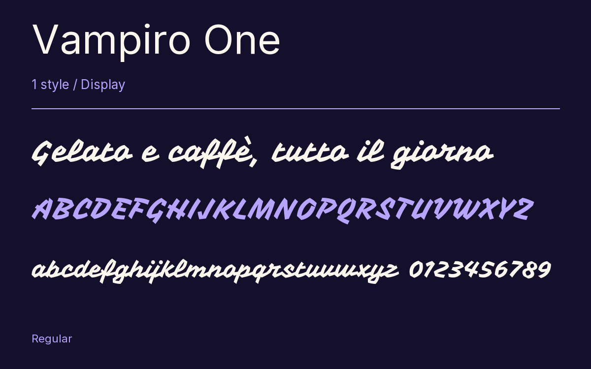 Vampiro One type specimen with letters and figures