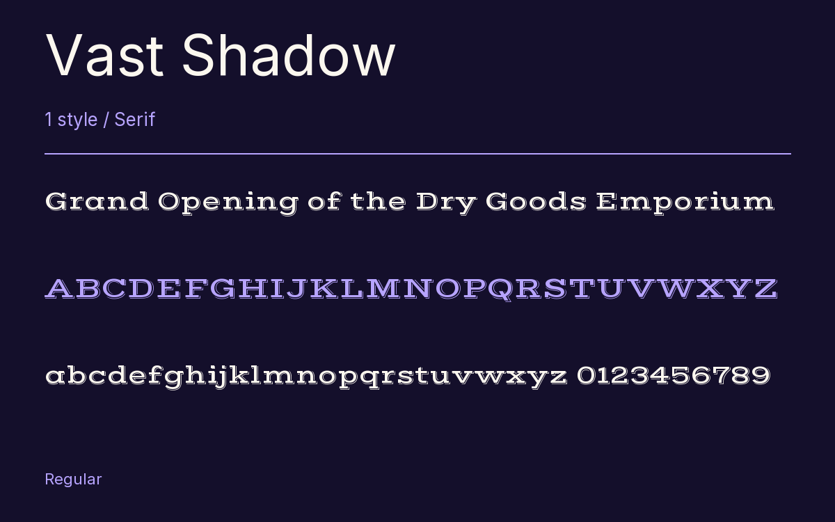 Vast Shadow type specimen with letters and figures