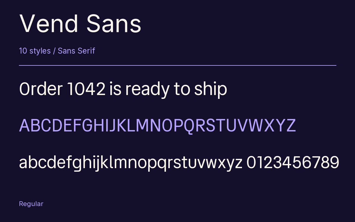Vend Sans type specimen with letters and figures