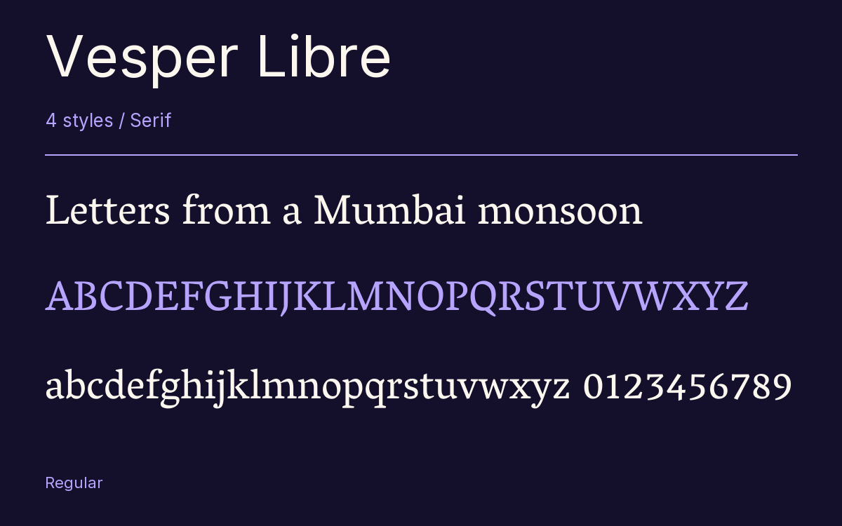 Vesper Libre type specimen with letters and figures