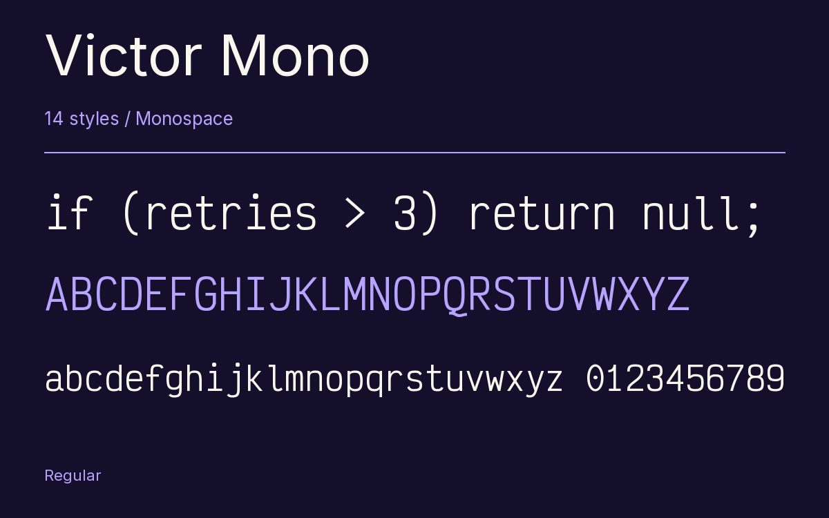 Victor Mono type specimen with letters and figures