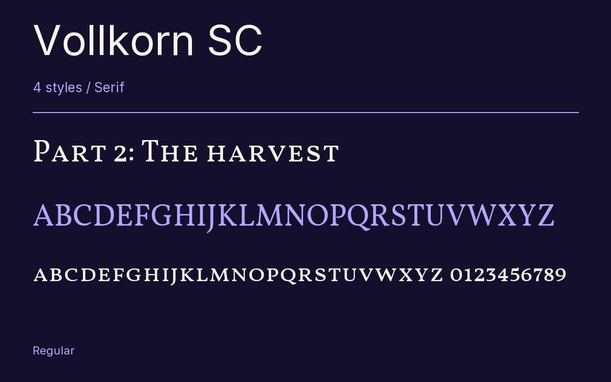Vollkorn SC type specimen with letters and figures