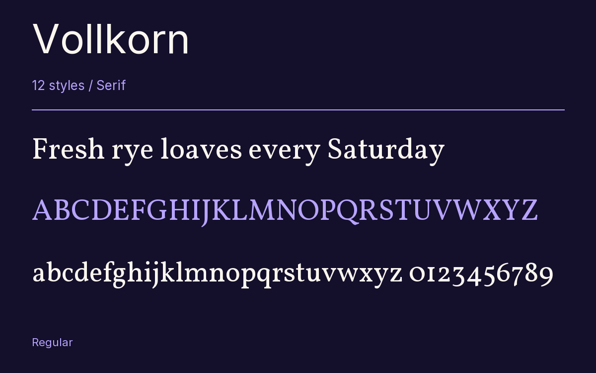 Vollkorn type specimen with letters and figures